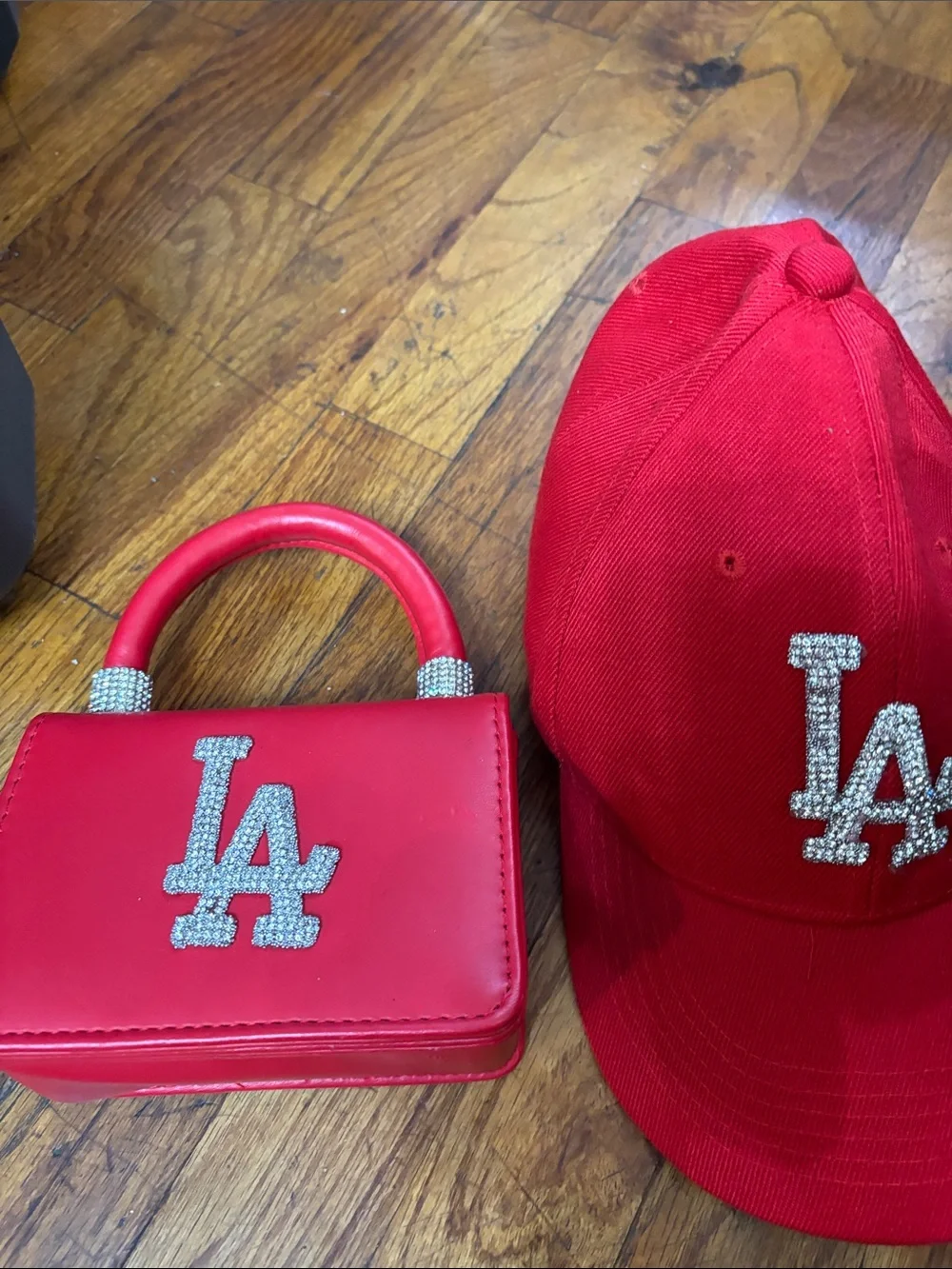 Kids Red LA Rhinestone Baseball Cap and Mini Handbag Set